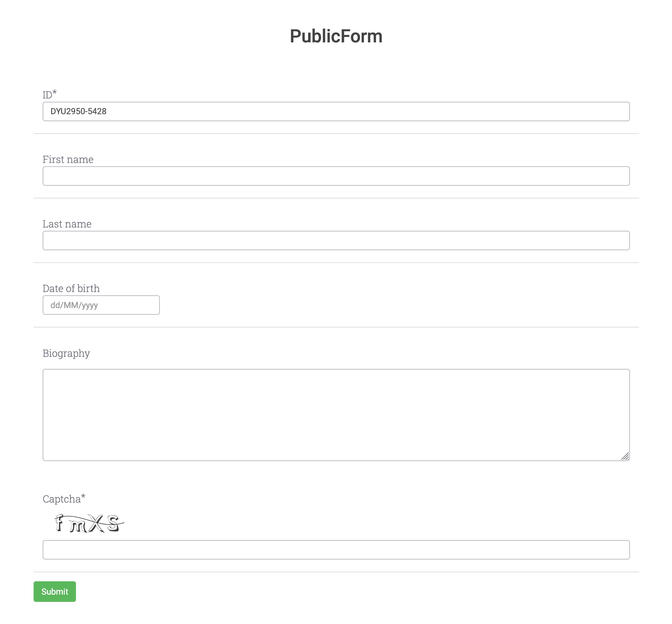 A public submission form with fields for one entity template.
